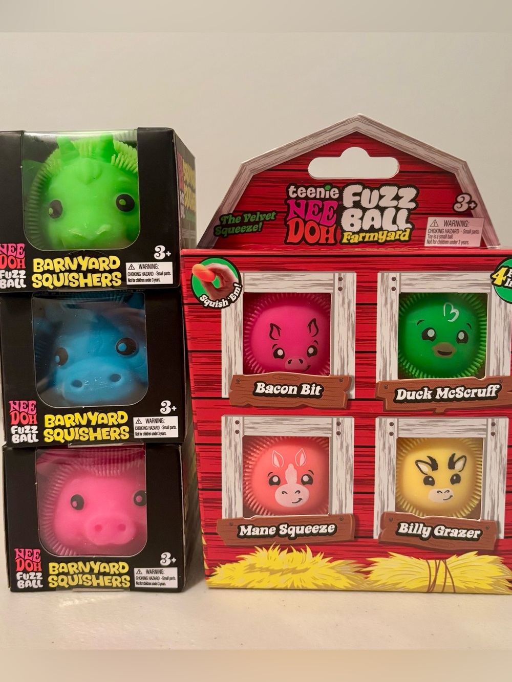 Needoh Barnyard Squishy Set- Pink Pig, Green Bull, Blue Goat & 4-Pack